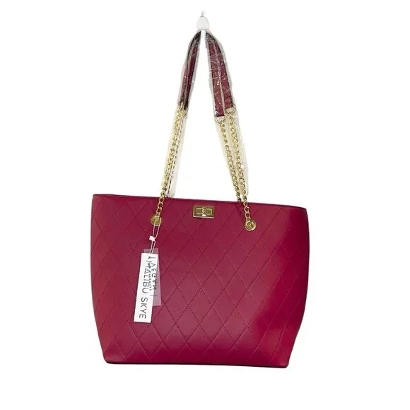 Malibu Skye Tote Large Fuchsia Gold Chain Double Handles Shoulder Bag New - Picture 1 of 7
